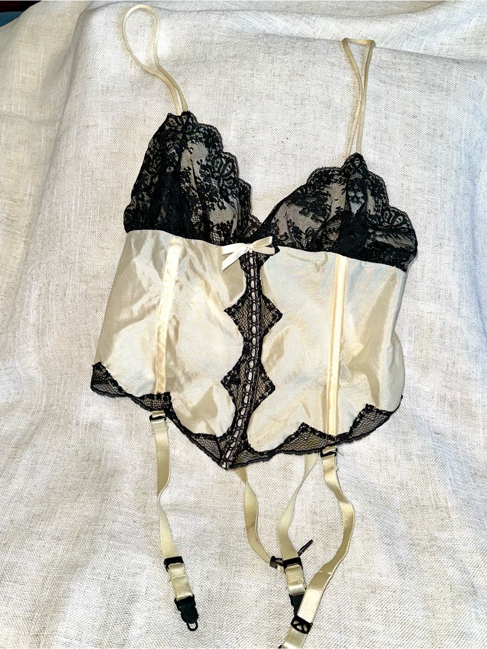 Rare Vintage 70s Glydons Hollywood Black Lace Satin Corset Bustier Top Sz 36